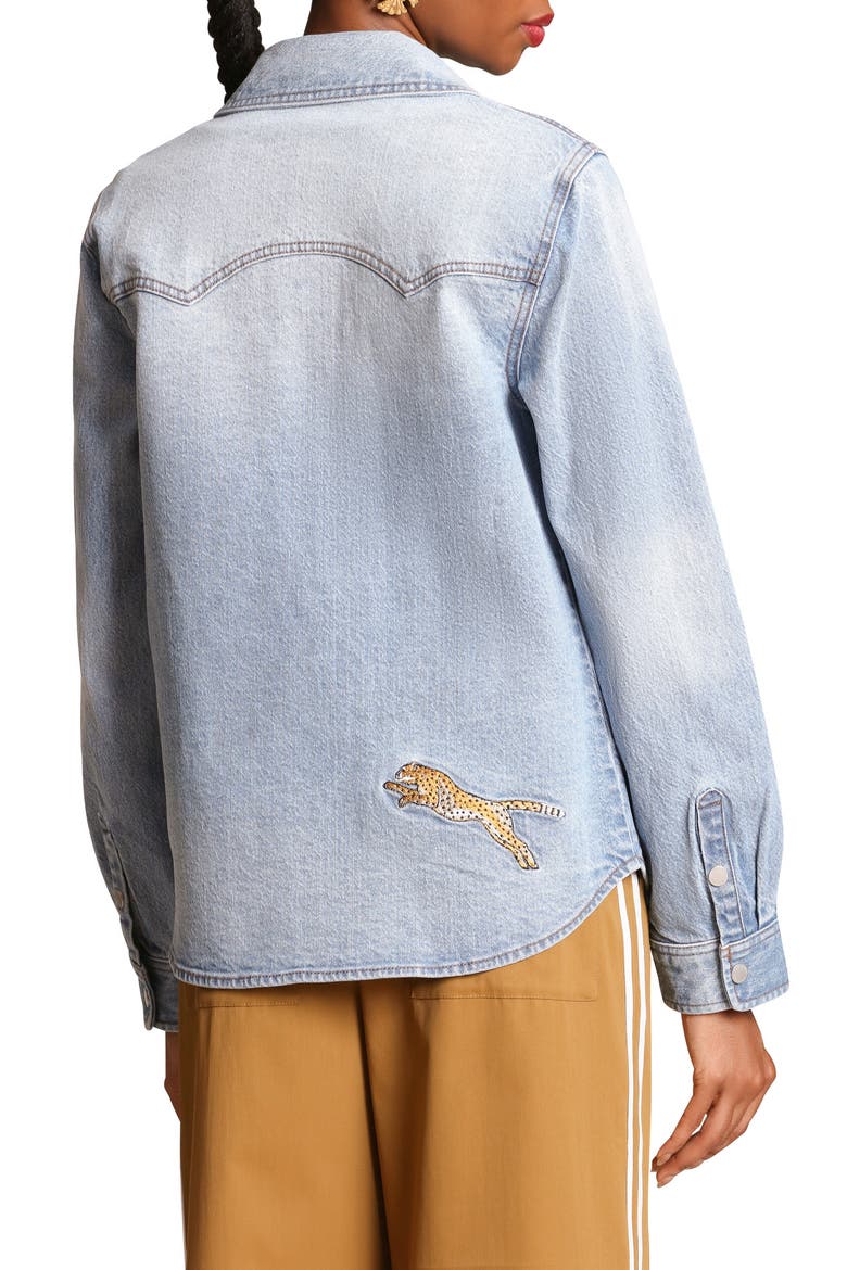 Cheetah Embroidered Stretch Denim Shirt Jacket, Alternate, color, LIGHT BLUE WASH