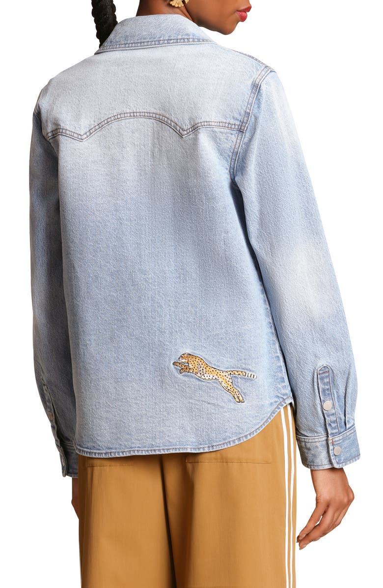 Avec Les Filles Cheetah Embroidered Stretch Denim Shirt Jacket, Alternate, color, Light Blue Wash