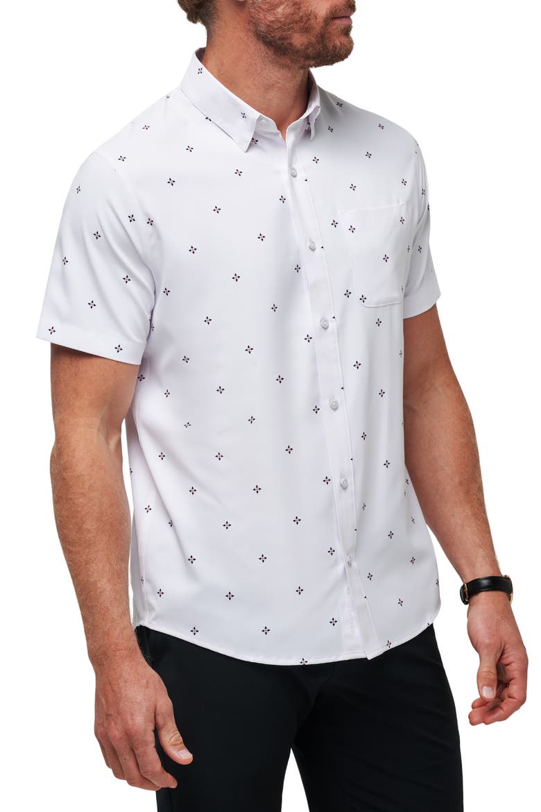 Olive Branch Geo Print Short Sleeve Button-Up Shirt, Alternate, color, WHITE