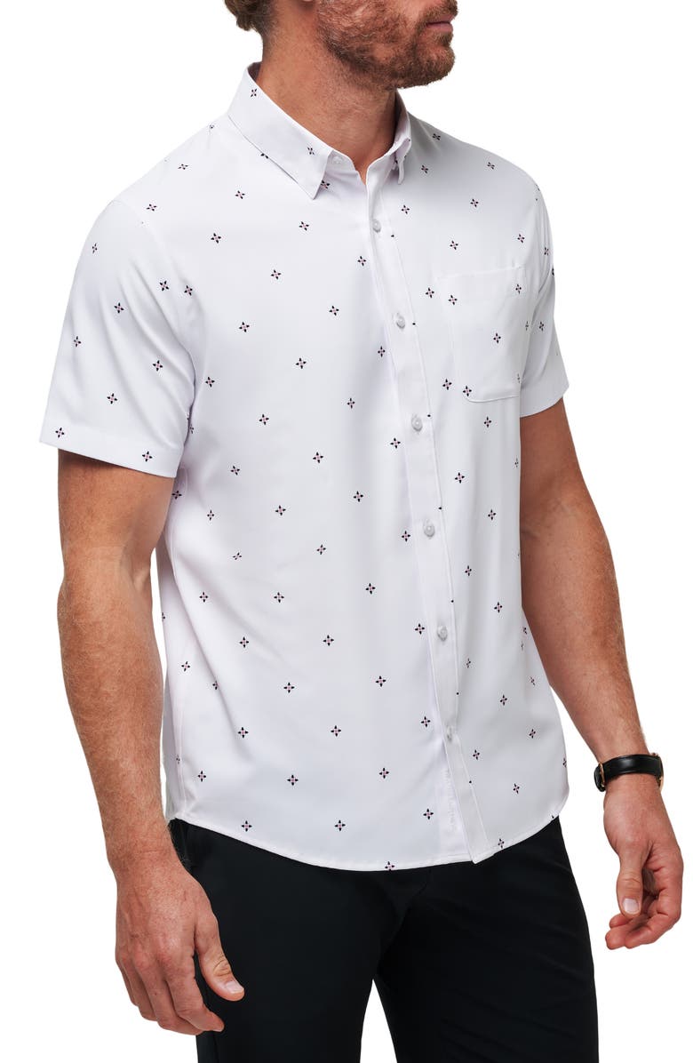 TravisMathew Olive Branch Geo Print Short Sleeve Button-Up Shirt, Alternate, color, White