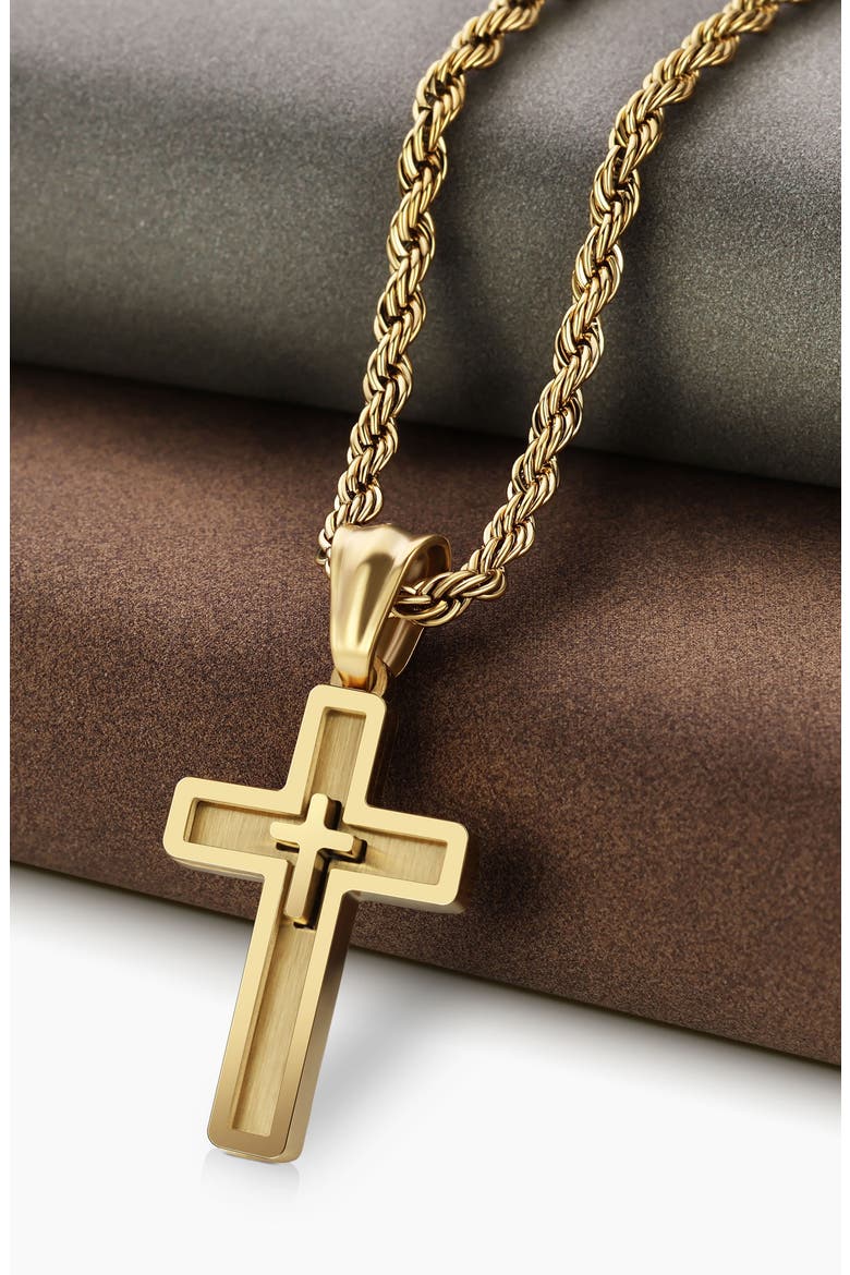 Men's Double Cross Pendant Necklace, Alternate, color, GOLD