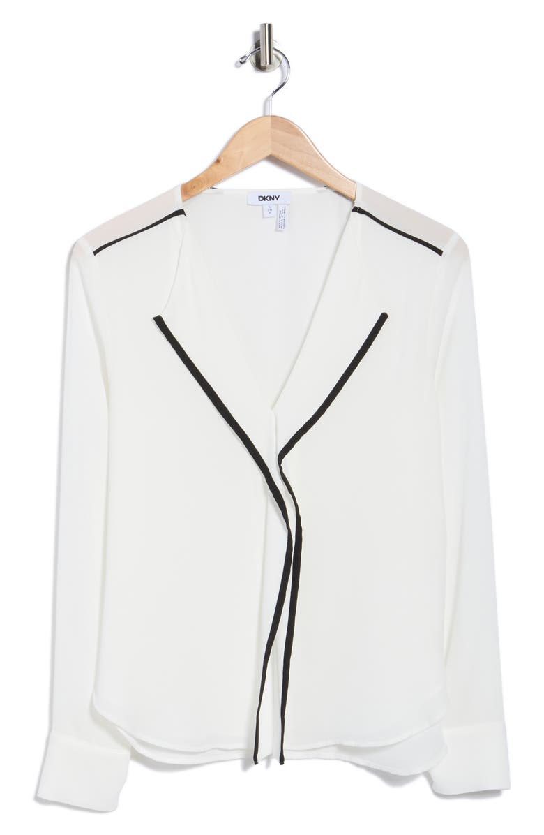 DKNY Long Sleeve Contrast Ruffle Top, Alternate, color, Linen White