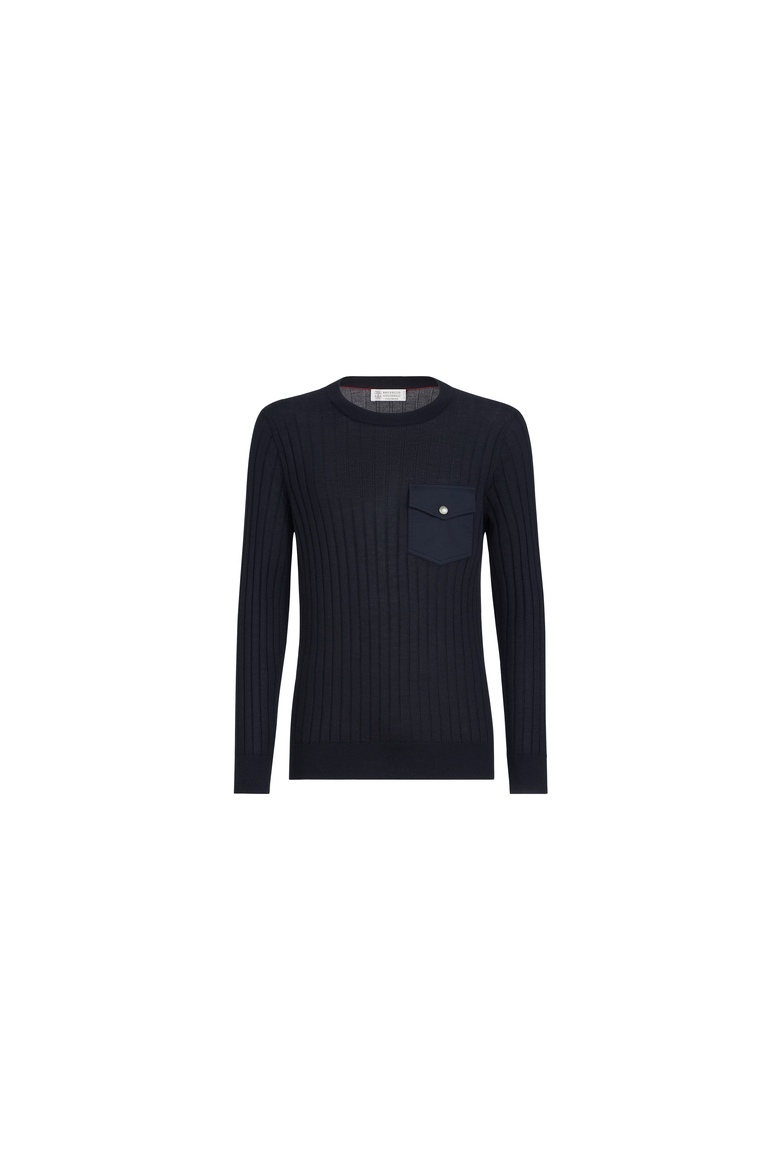 Cashmere and silk ribbed sweater with chest pocket, Alternate, color, Navy Blue