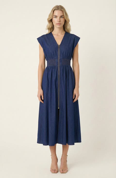 Zip Front Midi Dress with Cap Sleeves and Smocked Waist