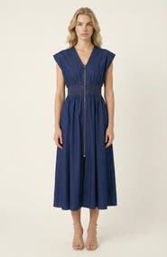 Modenaire Zip Front Midi Dress with Cap Sleeves and Smocked Waist