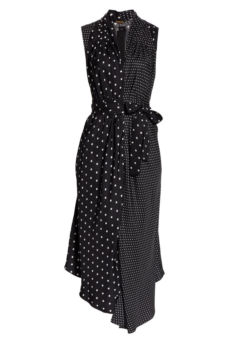 Asymmetrical Polka Dot Silk Midi Dress, Alternate, color, POLKA DOT BLACK/ WHIT