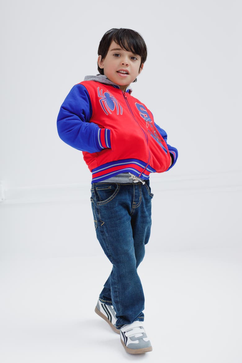 Spider-Man Varsity Hooded Bomber Jacket, Alternate, color, Red Blue Spiderman