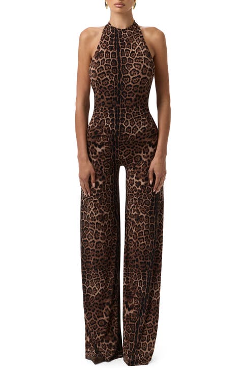 Leopard Print Wide Leg Halter Jumpsuit