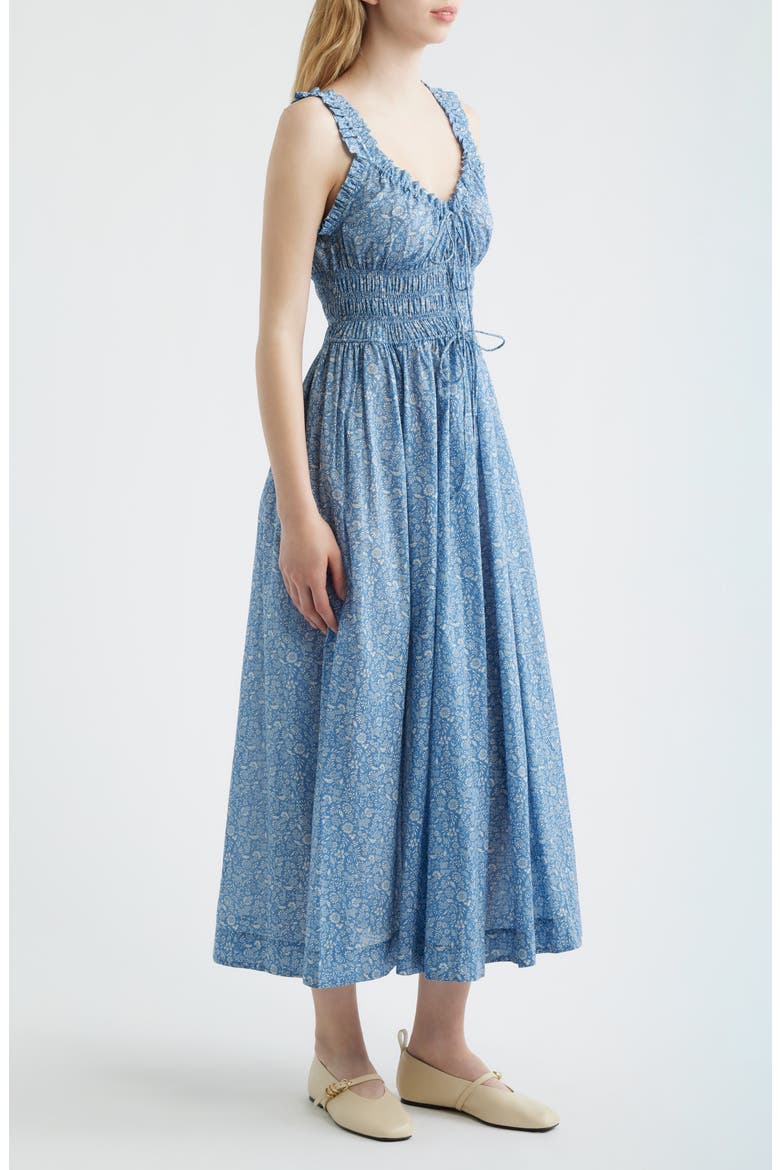 Ditsy Floral Organic Cotton Smocked Midi Dress, Alternate, color, BLUE GARDEN BLOOM