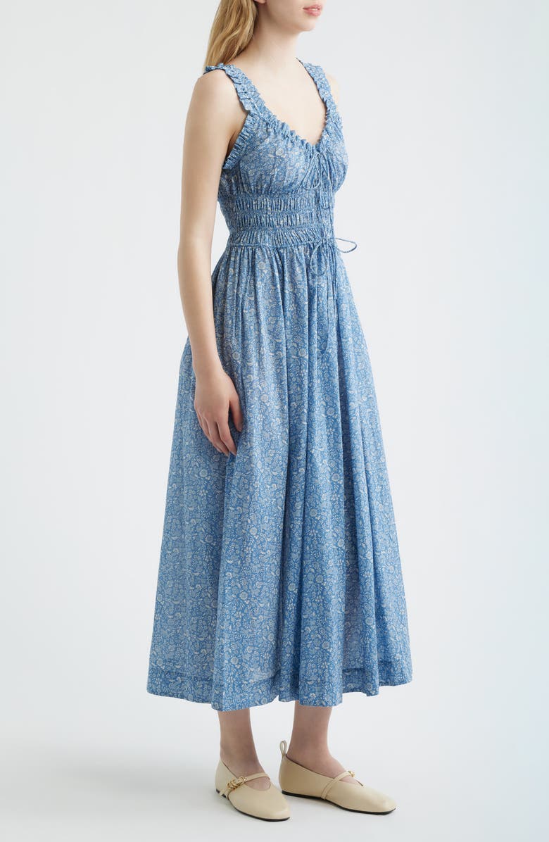 DÔEN Ditsy Floral Organic Cotton Smocked Midi Dress, Alternate, color, Blue Garden Bloom