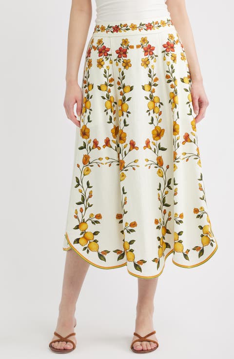 Lemon Bouquet Floral Linen Blend Midi Skirt
