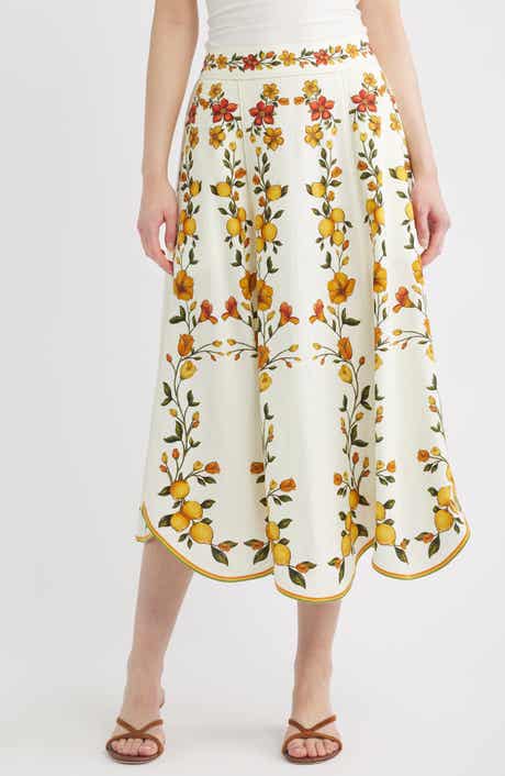 Lemon Bouquet Floral Linen Blend Midi Skirt