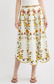 FARM Rio Lemon Bouquet Floral Linen Blend Midi Skirt