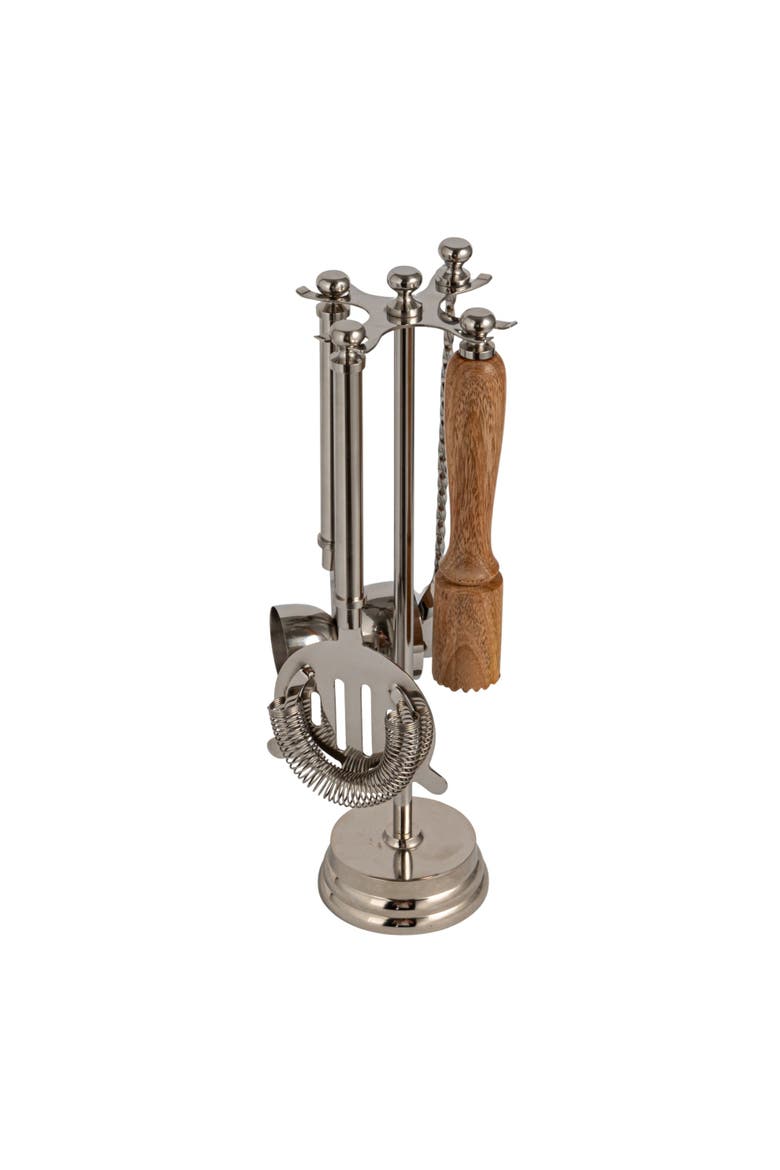 5-Piece Stainless Steel and Mango Wood Bar Tools with Stand, Nickel Finish and Natural, Main, color, Silver