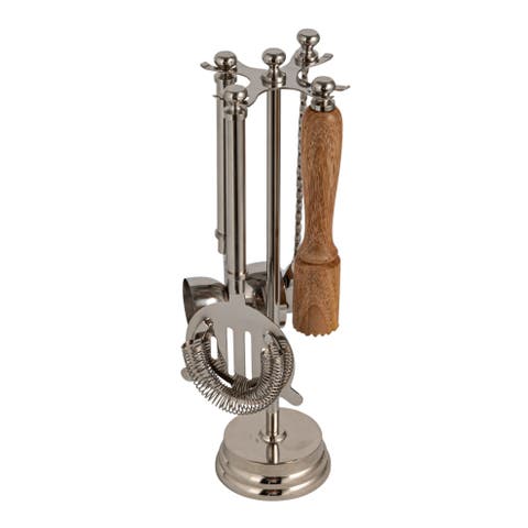 5-Piece Stainless Steel and Mango Wood Bar Tools with Stand, Nickel Finish and Natural