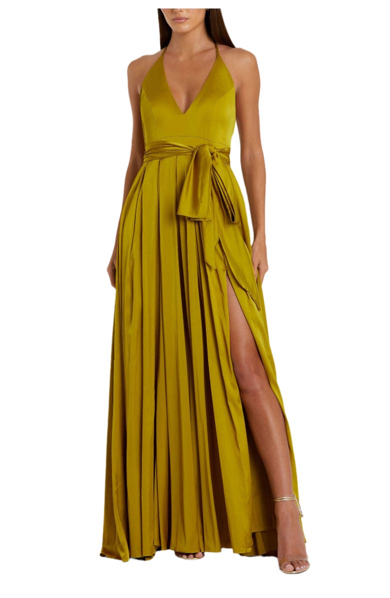 Mac Duggal Charmeuse Halter Strap Soft Tie Waist Gown, Main, color, Chartreuse