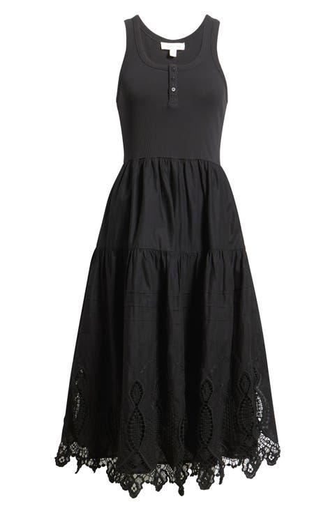 Embroidered Mixed Media Henley Tank Dress