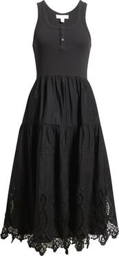 Treasure & Bond Embroidered Mixed Media Henley Tank Dress