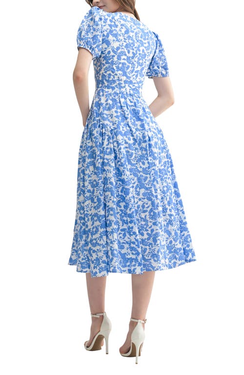 Lush Floral Puff Sleeve Midi Dress In White Blue