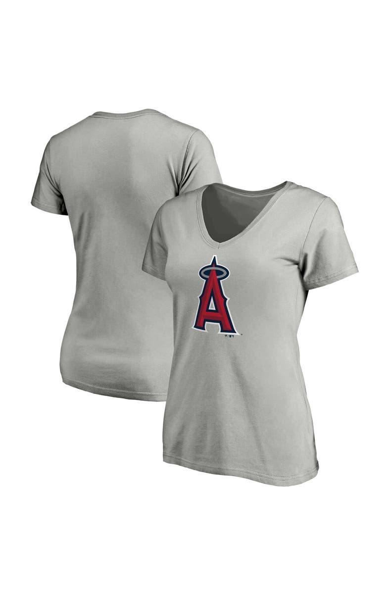 FANATICS Women's Fanatics Branded Heathered Gray Los Angeles Angels Core Official Logo V-Neck T-Shirt, Main, color,