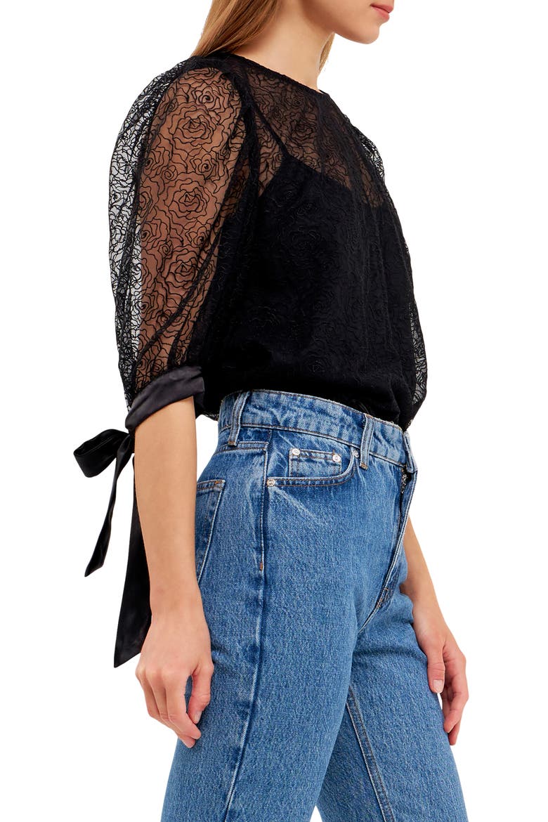 Embroidered Puff Sleeve Satin Top, Alternate, color, BLACK