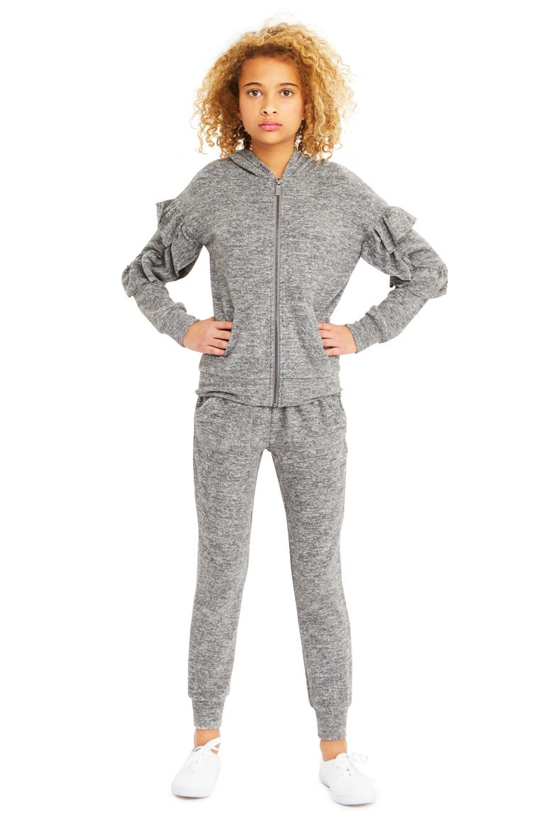 Kids' Kinsley Ruffle Hooded Sweatshirt, Alternate, color, GREY