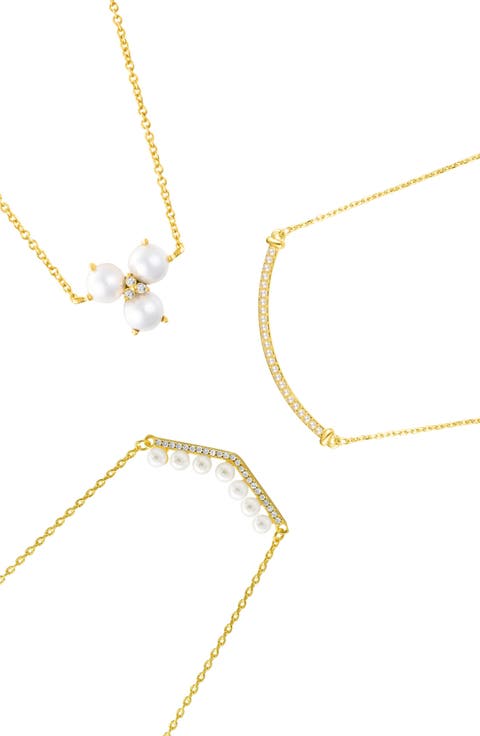 Set of 3 Imitation Pearl & Cubic Zirconia Necklaces