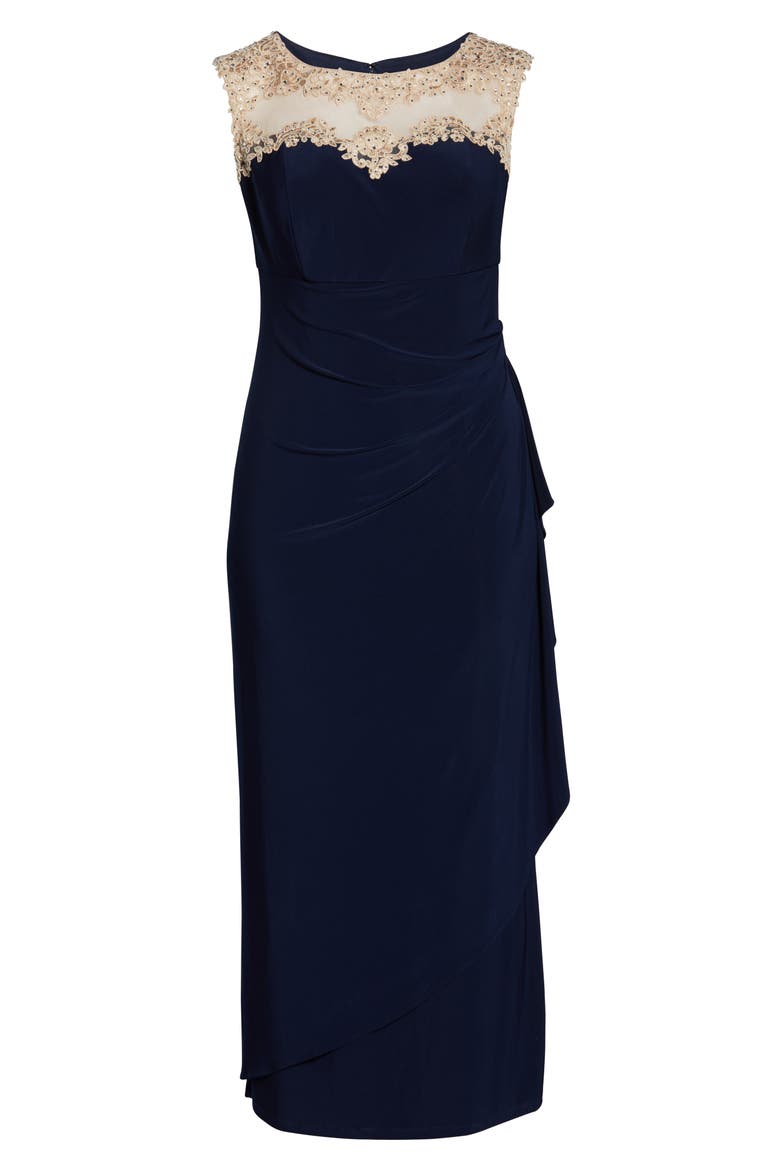 Beaded Lace Neck Evening Dress, Alternate, color, NAVY/ NUDE