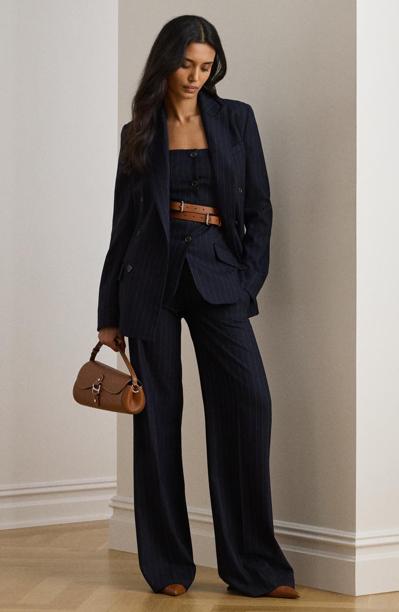 Lauren Ralph Lauren Wool Blend Twill Wide Leg Suit Pants, Alternate, color, Navy/ Cream