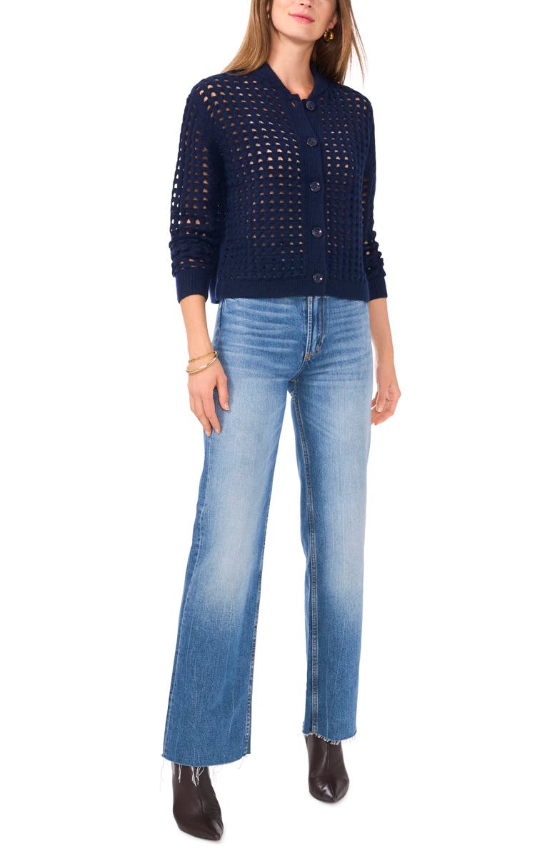 Vince Camuto Pointelle Crewneck Cardigan, Alternate, color, Classic Navy