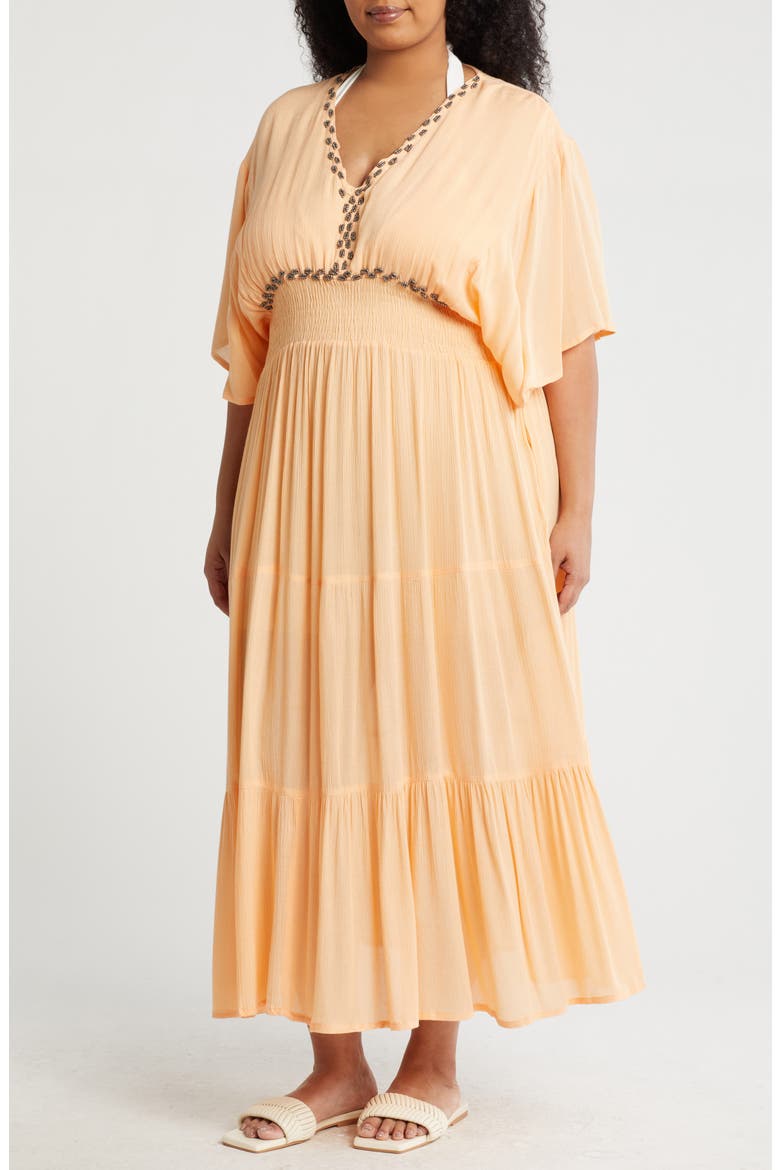 Beaded Flutter Sleeve Maxi Dress, Main, color, PEACH