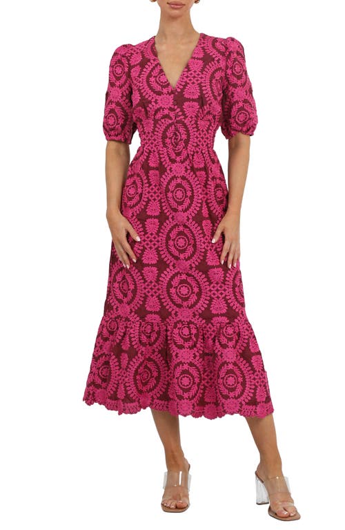 Adelyn Rae Luisa Embroidered Midi Dress in Burgundy Fuchsia 