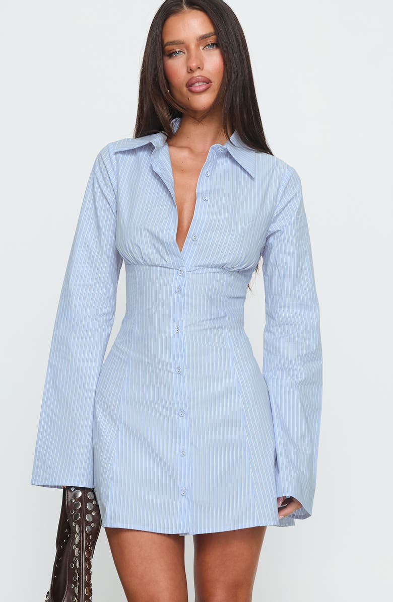Princess Polly Tawni Stripe Long Sleeve Cotton Mini Shirtdress, Alternate, color, Blue
