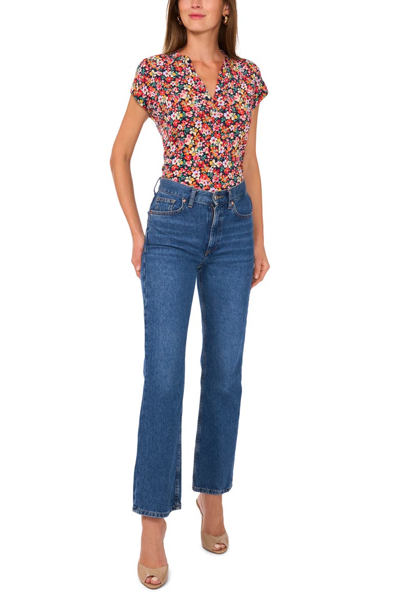 Floral Short Sleeve Button-Up Shirt, Alternate, color, NAVY/ CORAL FLORAL