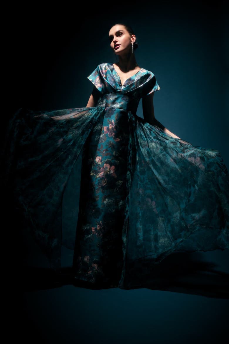 Azaria Draped V-Neck Mikado Gown, Alternate, color, Gilded Hydrangea