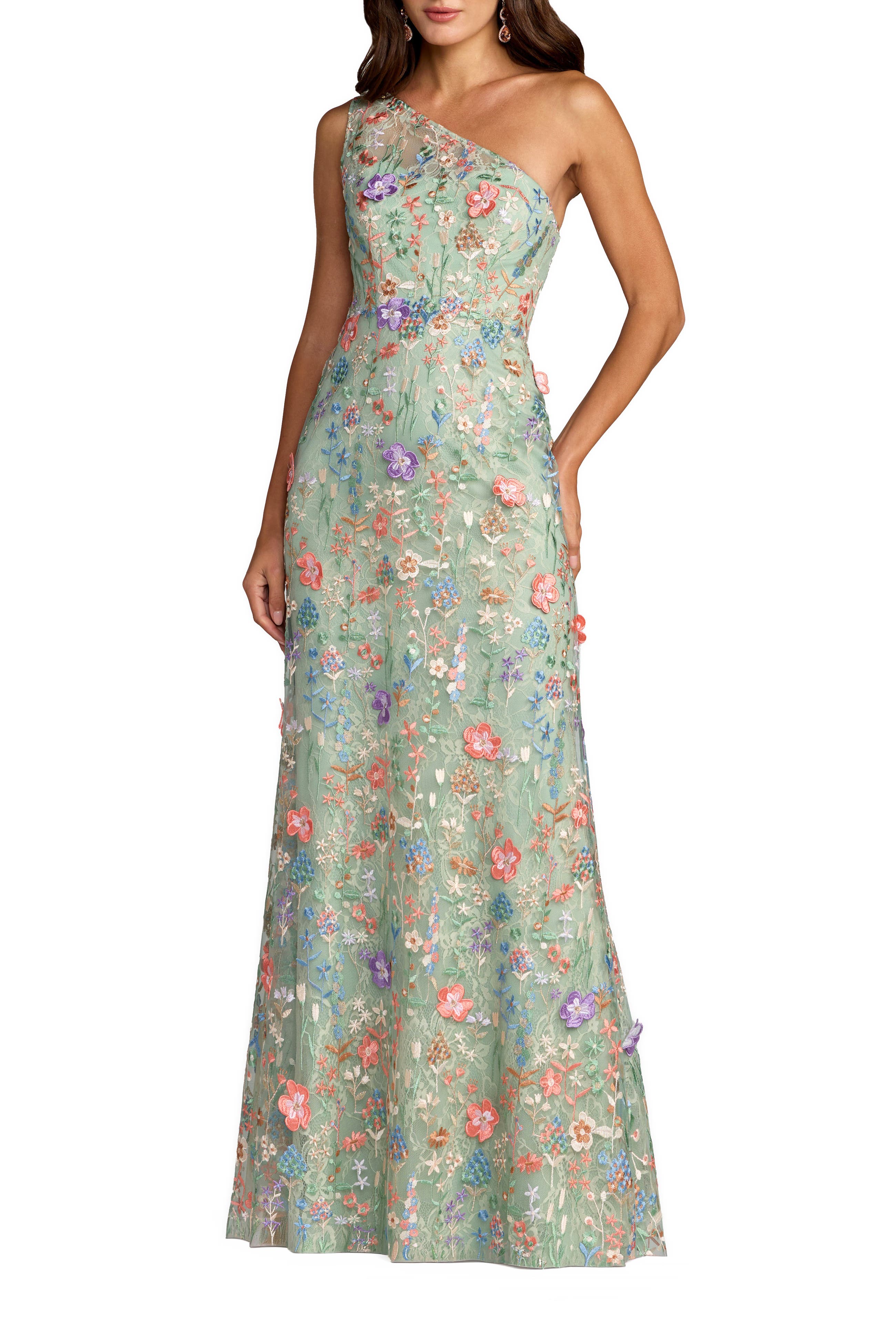 Mac Duggal Petite One Shoulder Lace Embroidered Gown in Sage Multi at Nordstrom, Size 16