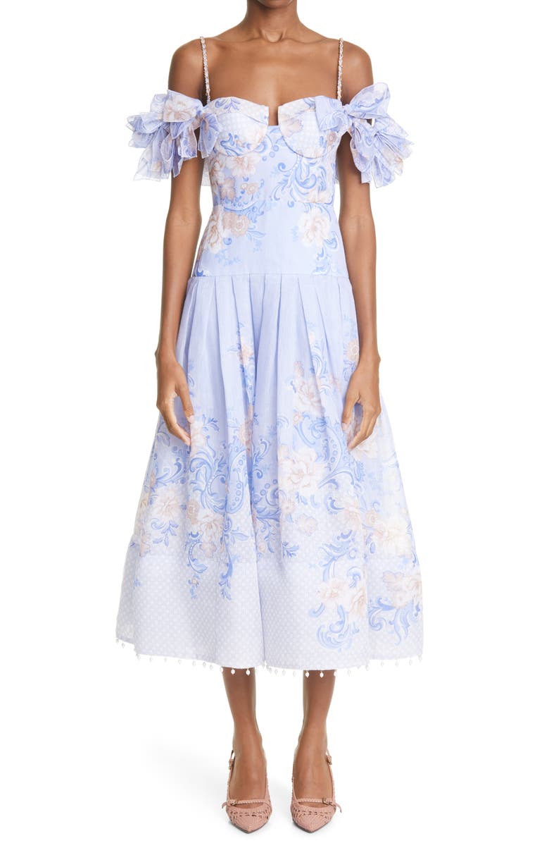 Zimmermann Postcard Off the Shoulder Silk Blend Midi Dress, Main, color, 