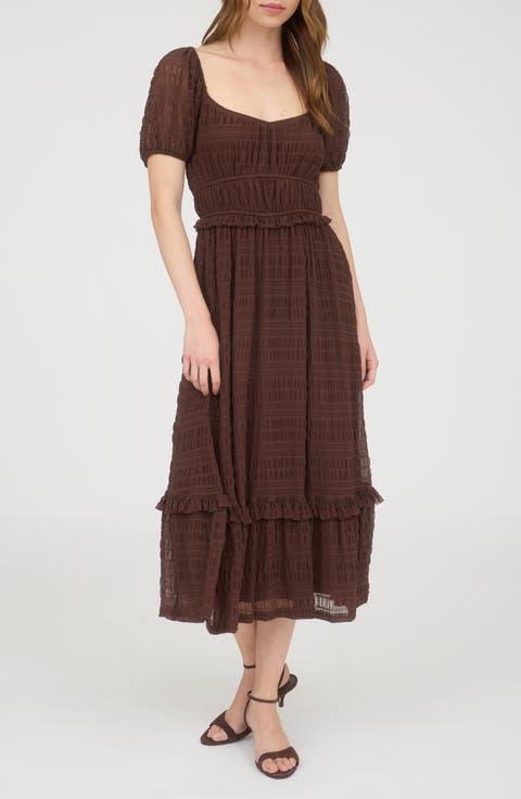 Puff Sleeve Tiered Midi Dress