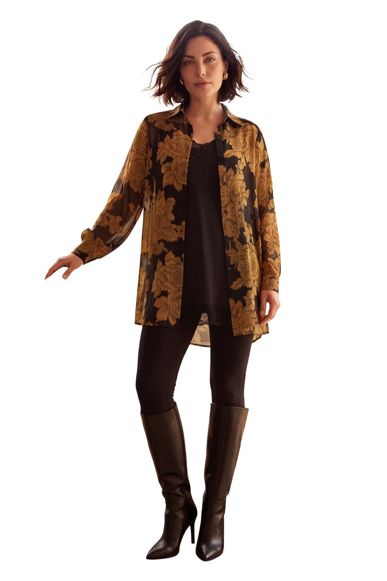 Metallic Jacquard Button Front Tunic, Main, color, GOLD FLOWERS