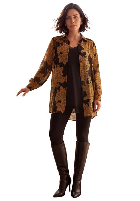 Plus Size Metallic Jacquard Button Front Tunic