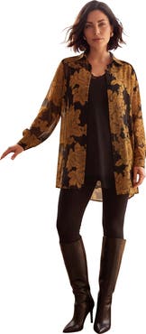 Roaman's Plus Size Metallic Jacquard Button Front Tunic