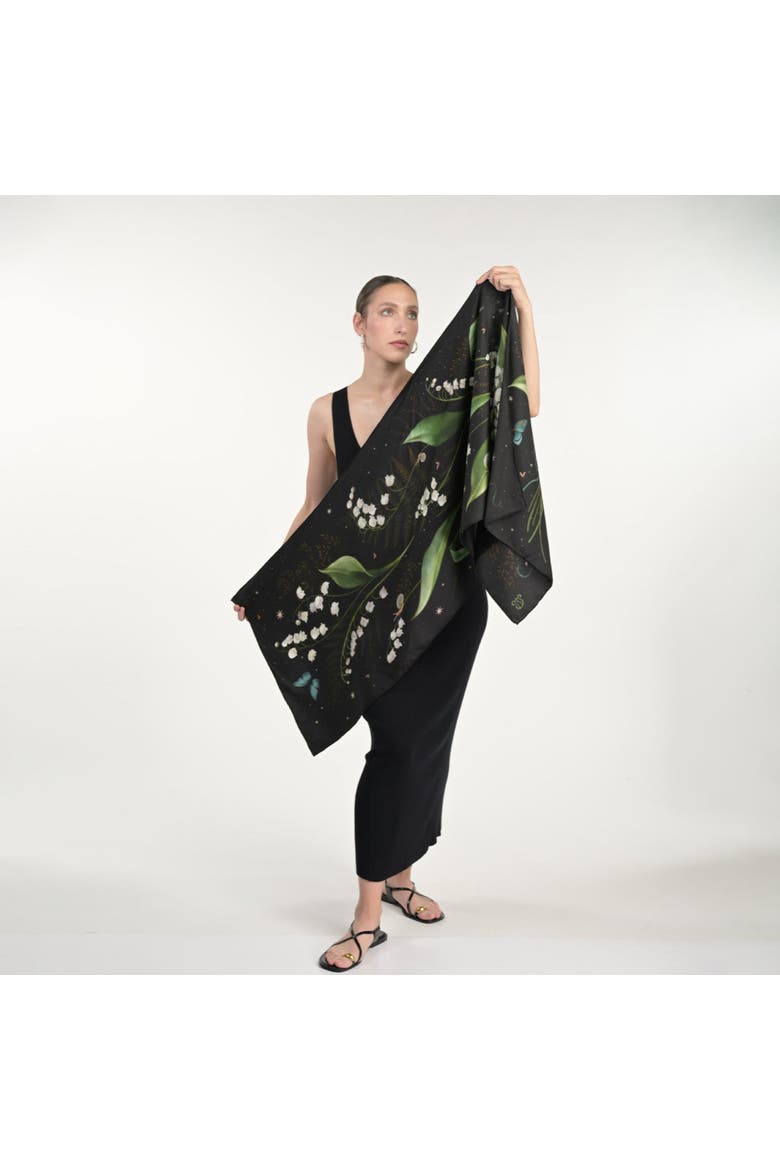 Lily Of The Valley Silk Scarf, Alternate, color, Black