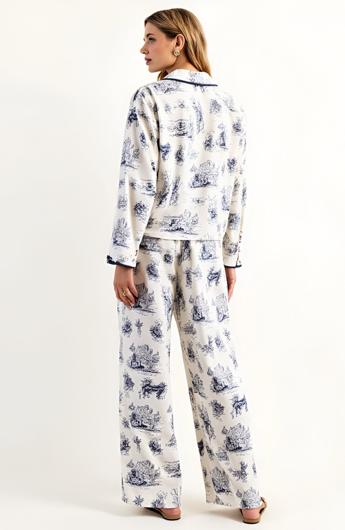 Modenaire Printed Button-up Pajama Set With Contrast Trim And Ribbon Tie In White