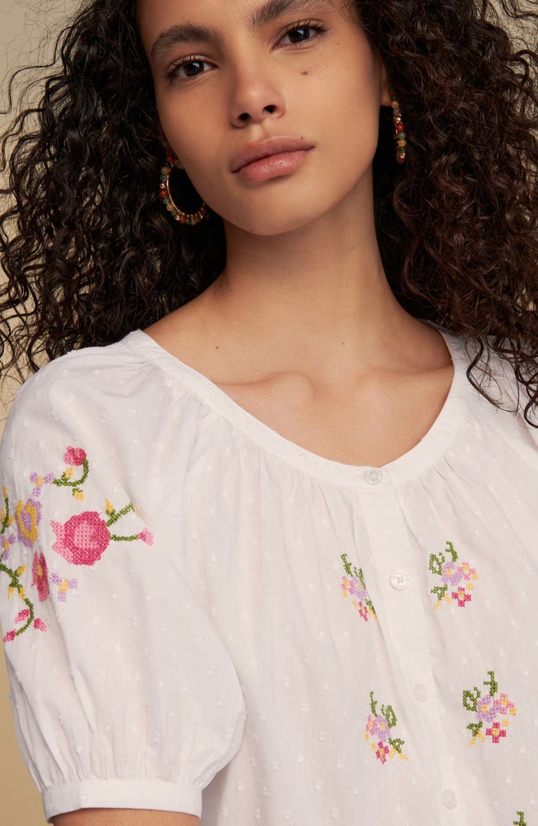 NEXT Embroidered Puff Sleeve Cotton Top, Alternate, color, White