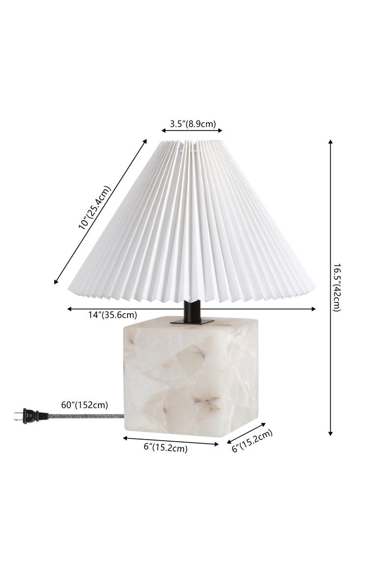 Hermin Contemporary Minimalist Geometric Sculptural Alabaster Cube Metal LED Table Lamp with Nightlight Base and Pleated Shade, Alternate, color, White