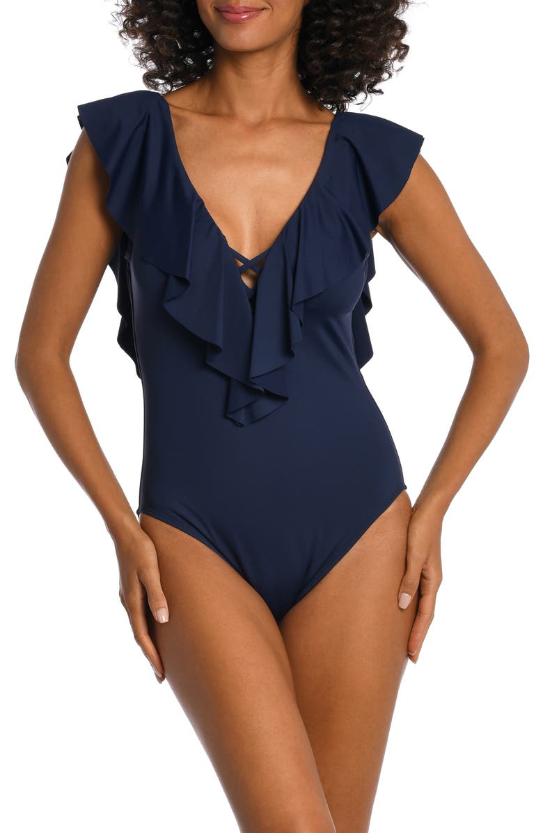 La Blanca Ruffle Plunge One-Piece Swimsuit, Main, color, Indigo