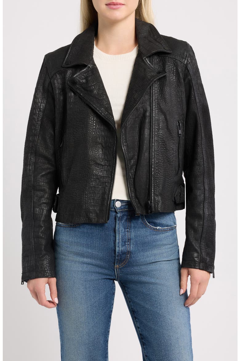 Dilah Croc Embossed Leather Biker Jacket, Main, color, BLACK