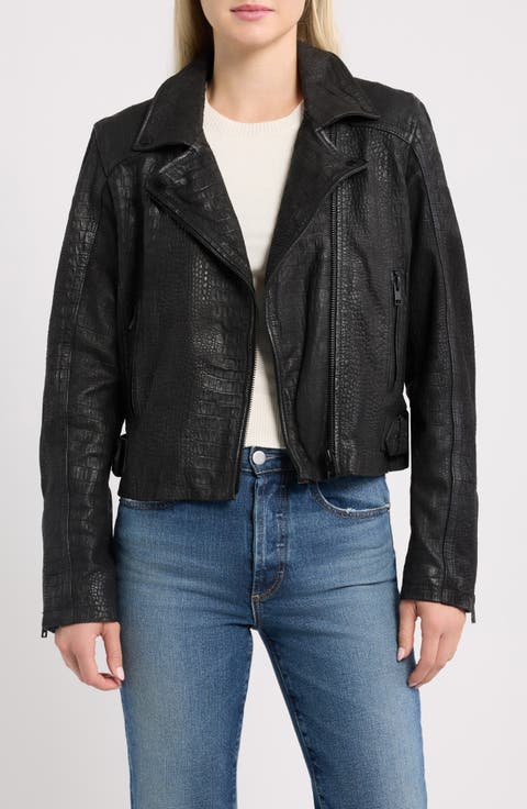 Dilah Croc Embossed Leather Biker Jacket