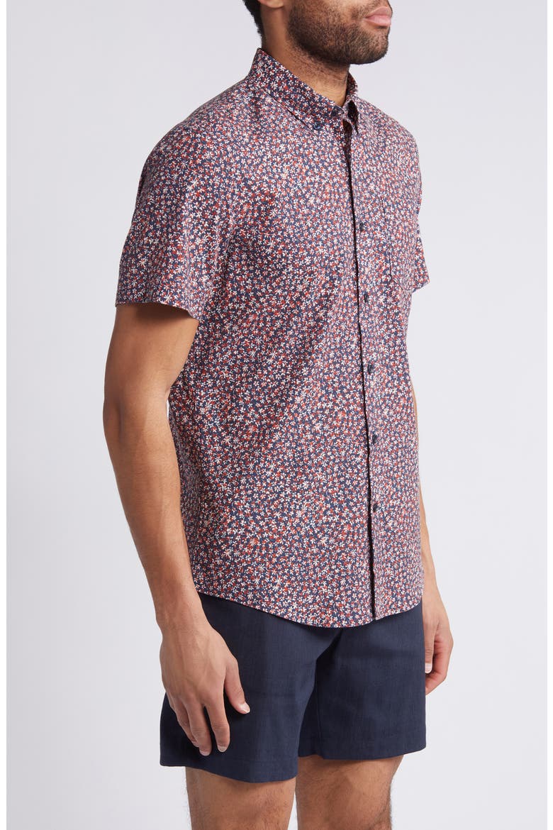 Trim Fit Floral Short Sleeve Stretch Cotton & Linen Button-Down Shirt, Alternate, color, NAVY- RED FLORAL CONTRAST