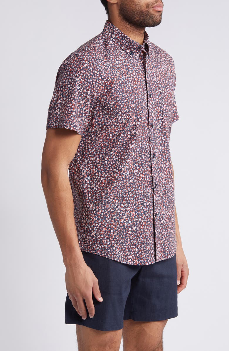 Nordstrom Trim Fit Floral Short Sleeve Stretch Cotton & Linen Button-Down Shirt, Alternate, color, Navy- Red Floral Contrast